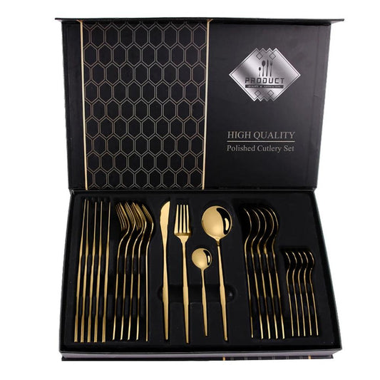 KTM-357011 24-Piece Gold Stainless Steel Flatware Set with Gift Box for Parties and Weddings