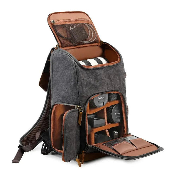 KTM-384083 Retro Waterproof Photography Backpack for Outdoor Travel and Laptop, Oil Wax Canvas Design