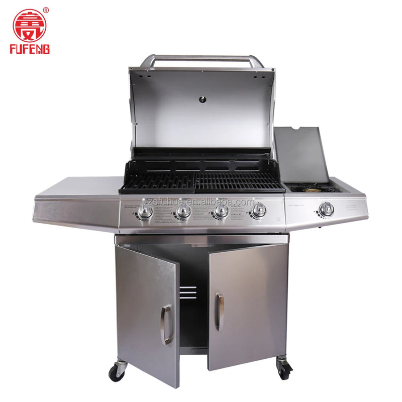 KTM-418579 Stainless Steel Outdoor Gas BBQ Grill with Integrated Kitchen Cabinet and Charcoal Smoker