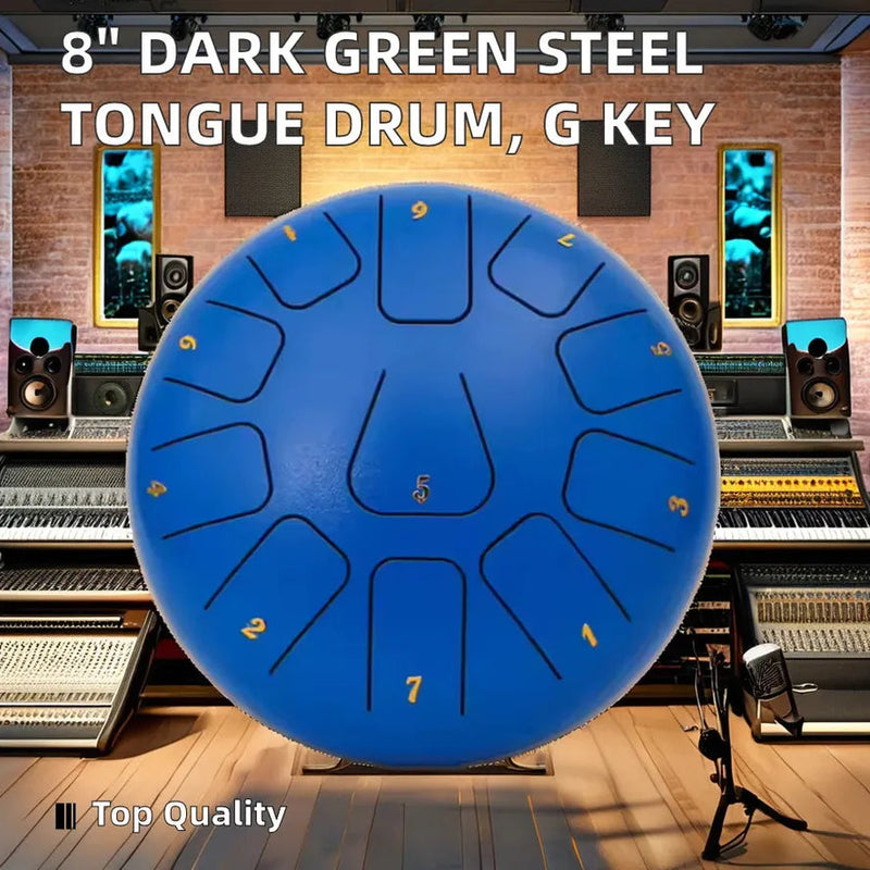 KTM-461715 8-Inch Dark Green Steel Tongue Drum with 11 Tones, Made from Carbon Steel