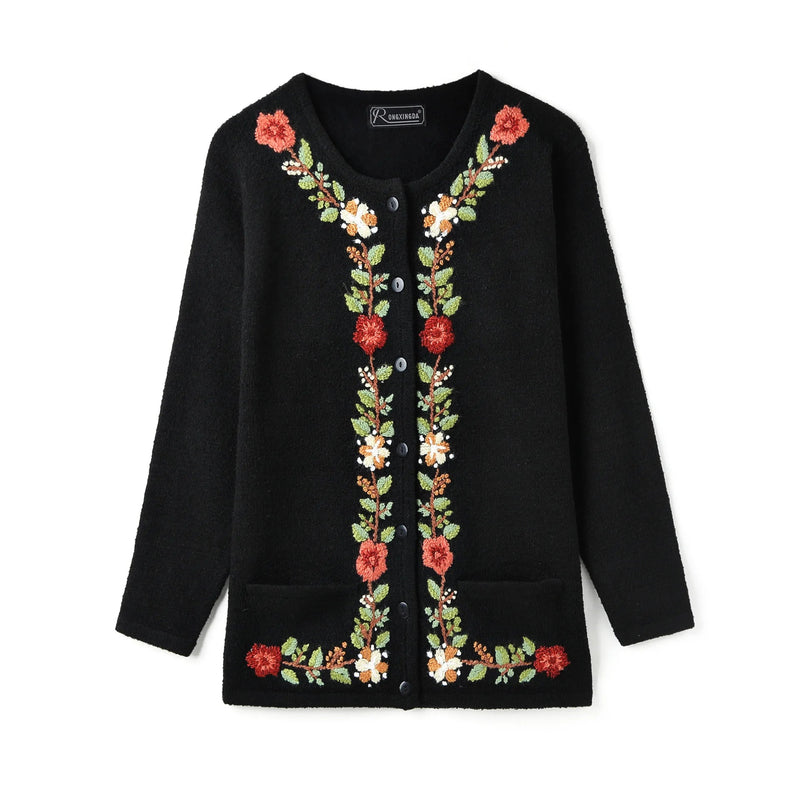 KTM-500115 Handmade Mauhair Women's Long Sleeve Crew Neck Embroidered Knitted Cardigan Retro Antique Floral Casual Winter Button Plus Front