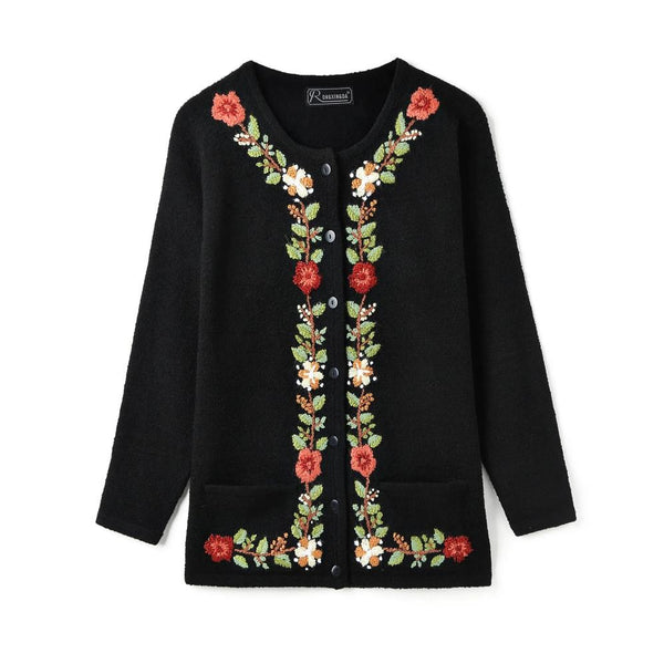 KTM-500115 Handmade Mauhair Women's Long Sleeve Crew Neck Embroidered Knitted Cardigan Retro Antique Floral Casual Winter Button Plus Front