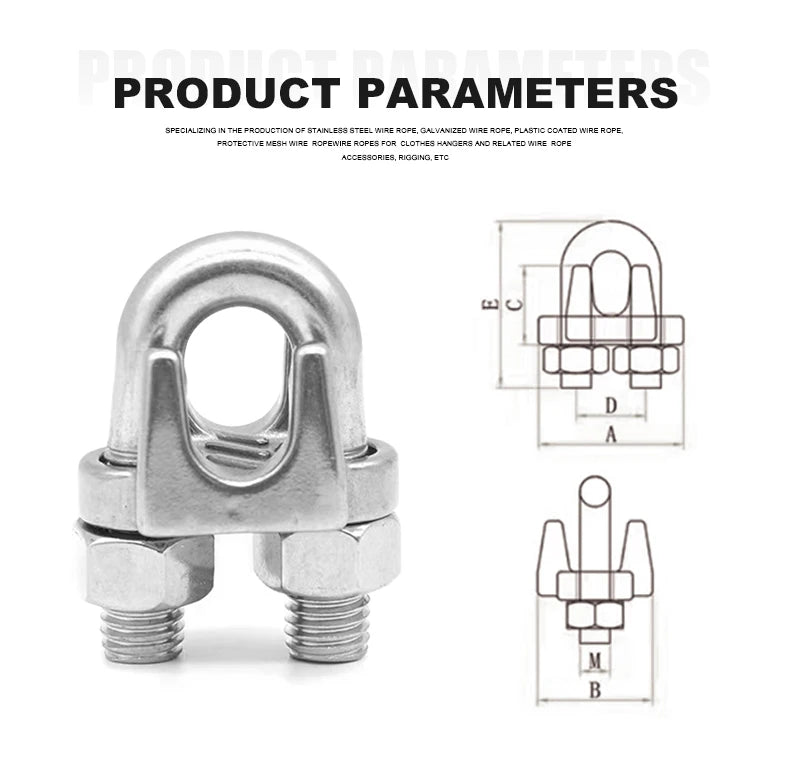 KTM-525203 Stainless Steel Wire Rope Clips and U Bolt Saddle Fasteners for M2-M14 Wire Ropes