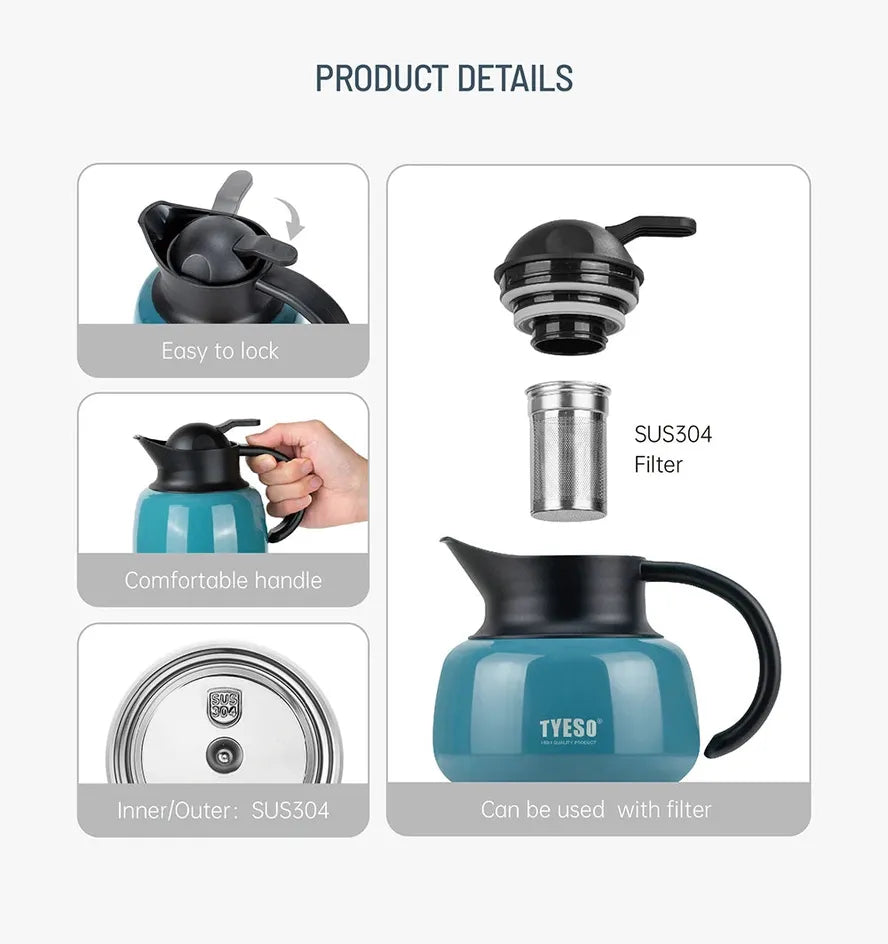 KTM-641235 Stainless Steel Vacuum Insulated Tea Kettle with Lid and Tea Infuser - Multiple Capacities and Colours Available