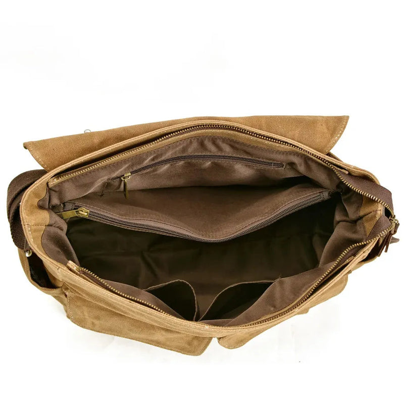 KTM-646419 Waterproof Waxed Canvas Messenger Bag with Leather Accents for Travel and Outdoor Use