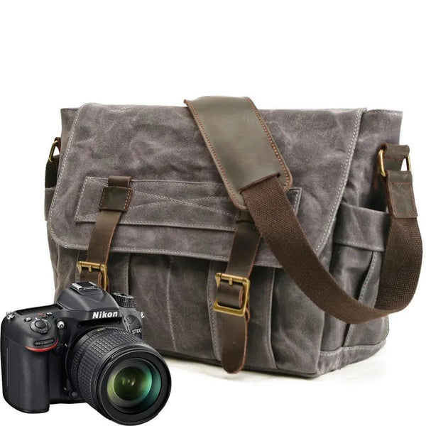 KTM-646419 Waterproof Waxed Canvas Messenger Bag with Leather Accents for Travel and Outdoor Use