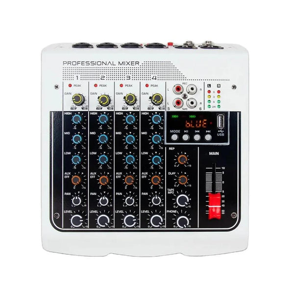 KTM-686675 6-Way Multi-Function Mixer with Bluetooth, MP3 Input, 3-Band EQ, Built-in Delay Effect, RCA Output, and +48V Phantom Power
