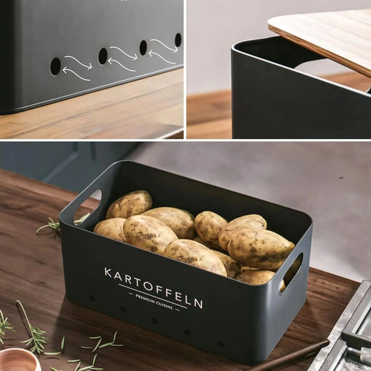 KTM-758803 Rectangle Bamboo Lid Potato, Onion, and Garlic Storage Pots, Carbon Steel Canister, Custom Sizes Available