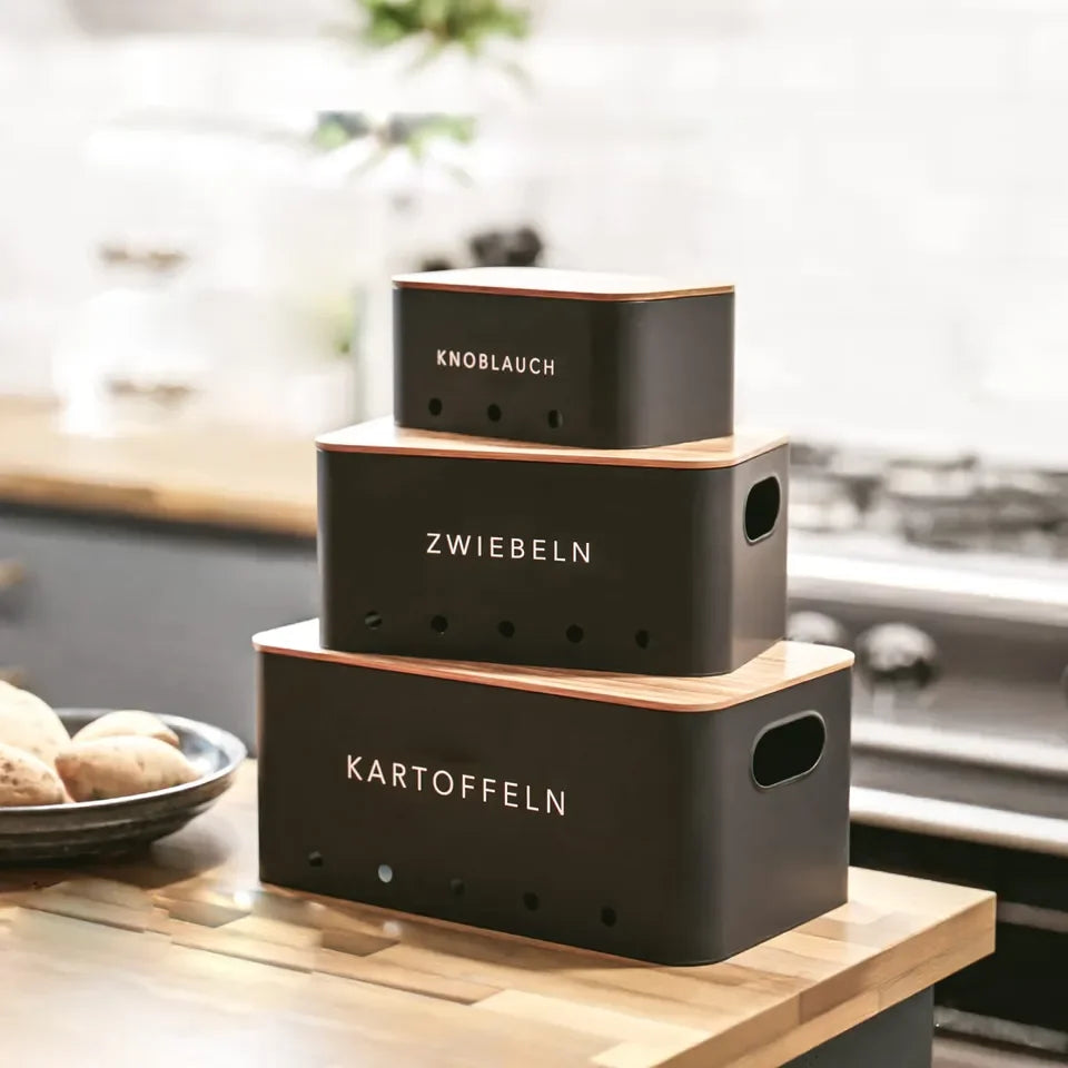 KTM-758803 Rectangle Bamboo Lid Potato, Onion, and Garlic Storage Pots, Carbon Steel Canister, Custom Sizes Available