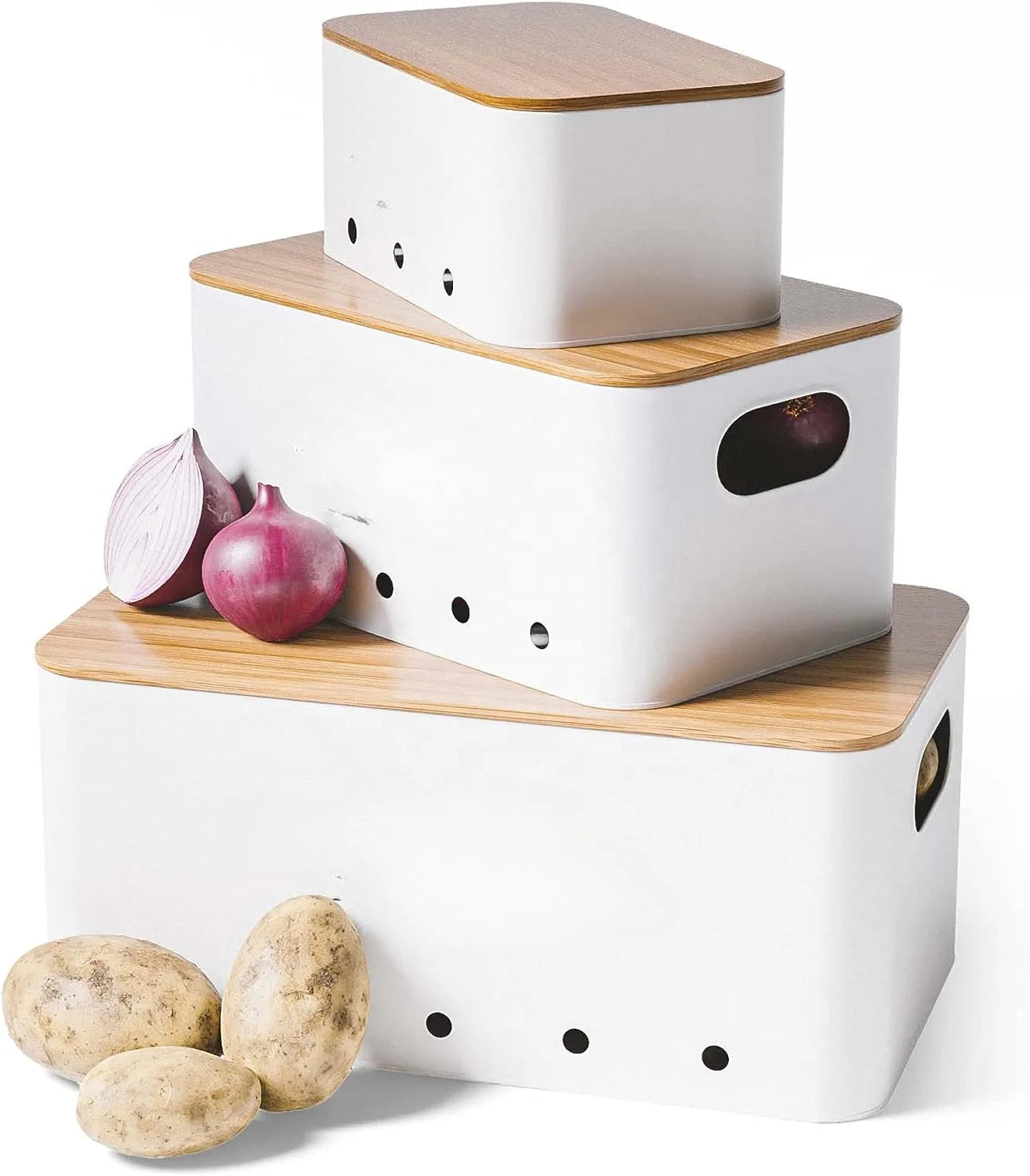 KTM-758803 Rectangle Bamboo Lid Potato, Onion, and Garlic Storage Pots, Carbon Steel Canister, Custom Sizes Available