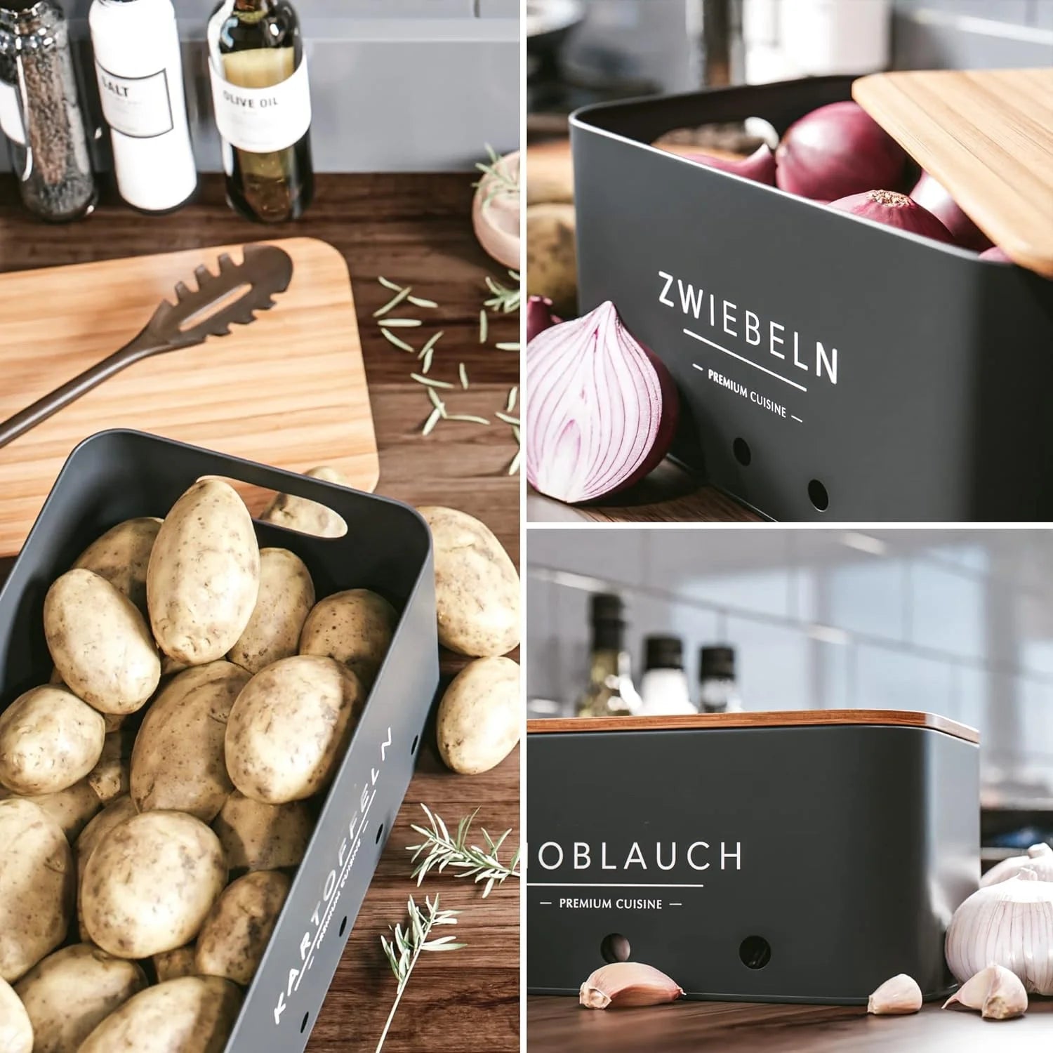 KTM-758803 Rectangle Bamboo Lid Potato, Onion, and Garlic Storage Pots, Carbon Steel Canister, Custom Sizes Available