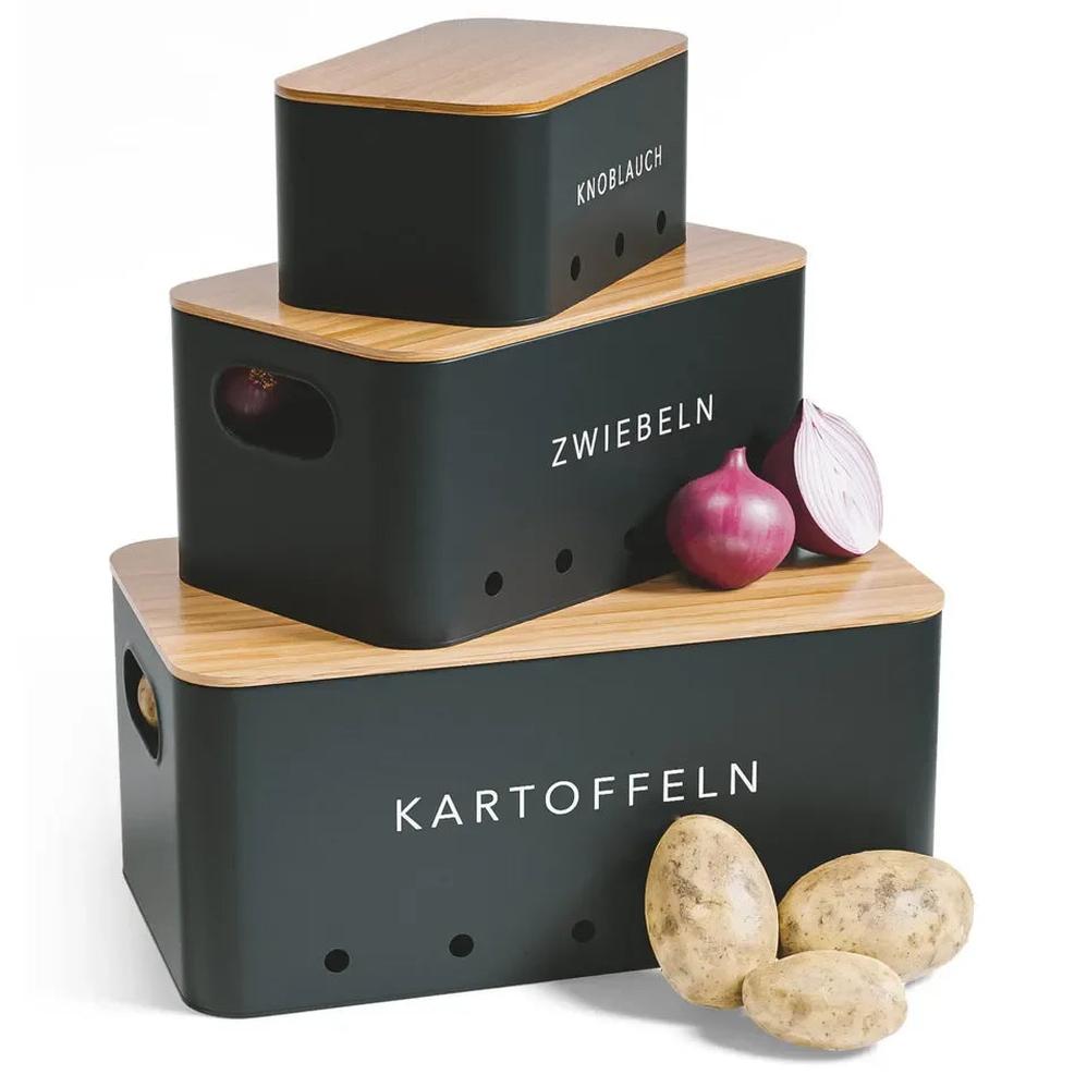 KTM-758803 Rectangle Bamboo Lid Potato, Onion, and Garlic Storage Pots, Carbon Steel Canister, Custom Sizes Available