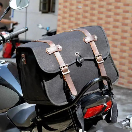 KTM-761875 Vintage Motorcycle Rear Seat Bag in Batik Canvas with Leather Accents - Durable and Waterproof Riding Tail Bag for Full Helmets