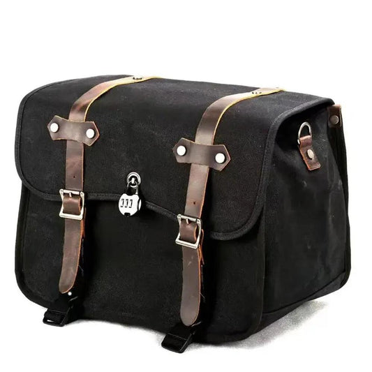 KTM-761875 Vintage Motorcycle Rear Seat Bag in Batik Canvas with Leather Accents - Durable and Waterproof Riding Tail Bag for Full Helmets