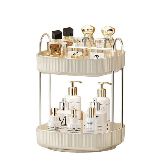 KTM-773139 Two-Layer Rotating Home Storage Organizer Rack in Cream White and Elegant Black