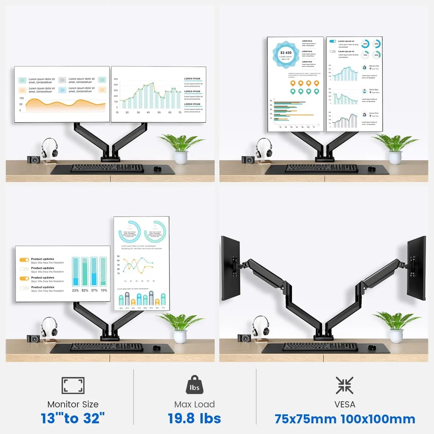 KTM-804883 Adjustable Gas Spring Monitor Arm for 10-22kg Displays, VESA Mount Compatible for Screens Up to 32 Inches
