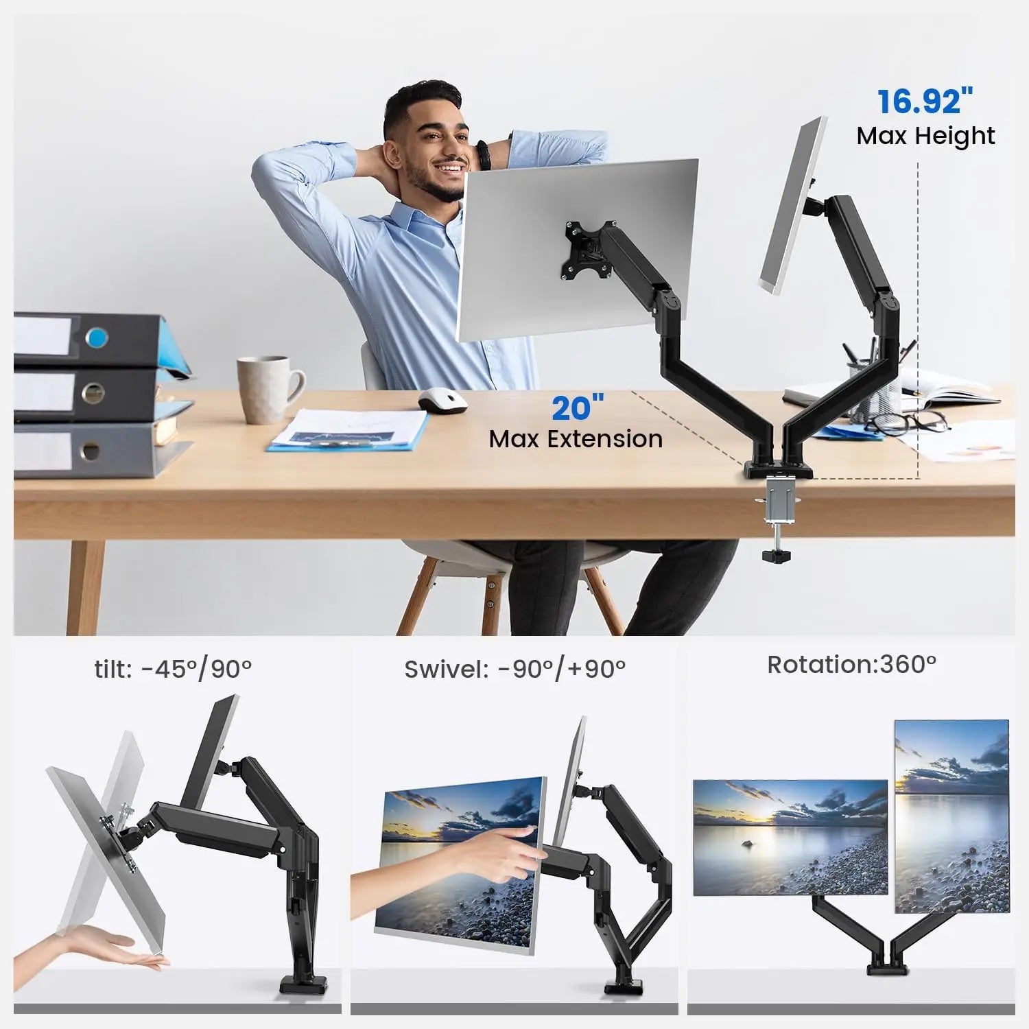 KTM-804883 Adjustable Gas Spring Monitor Arm for 10-22kg Displays, VESA Mount Compatible for Screens Up to 32 Inches