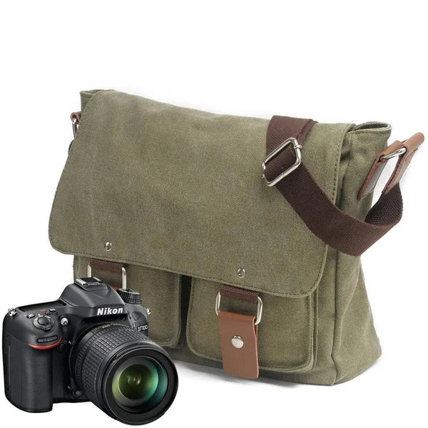 KTM-806611 Unisex Retro Canvas Crossbody Camera Bag with Cowhide Leather Trim