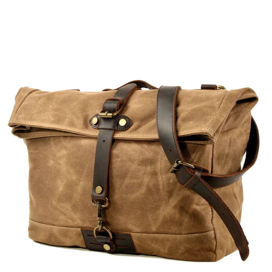 KTM-828755 Vintage Waxed Canvas Messenger Cross Body Shoulder Bag 6060, Durable Canvas with Cowhide Accents, Ideal for Travel and Daily Use