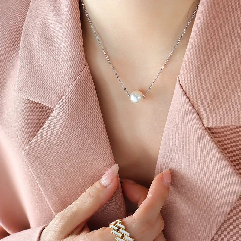 KTM-980371 Fashion Jewelry Gold Plated Freshwater Pearl Necklace Stainless Steel Chain Link Natural Pearl Pendant Necklace